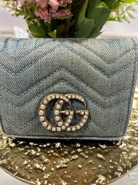 7002. Gucci Denim Matelasse Pearl Studded Marmont Wallet. Dust bag & box.
